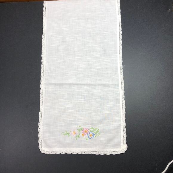 Vintage Table Runner Hand Embroidered Pink and Blue Flowers Crochet Edge 40"x12” - Picture 4 of 10